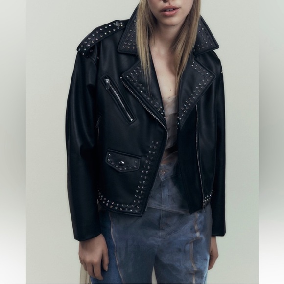 Zara Faux Leather Moto Jacket with Studs - Picture 5 of 13